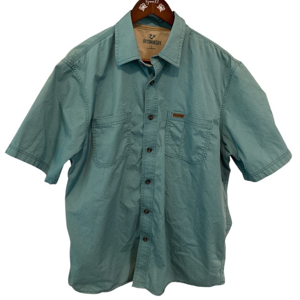 Outdoor Life Mens Large Teal Green Short Sleeve Cotton Button Up‎ Utility Shirt